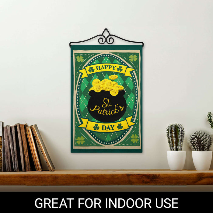 G128 Combo Pack Garden Flag Hanger 14IN & Garden Flag Happy St. Patrick's Day Pot Gold Printed 12x18IN Double Sided