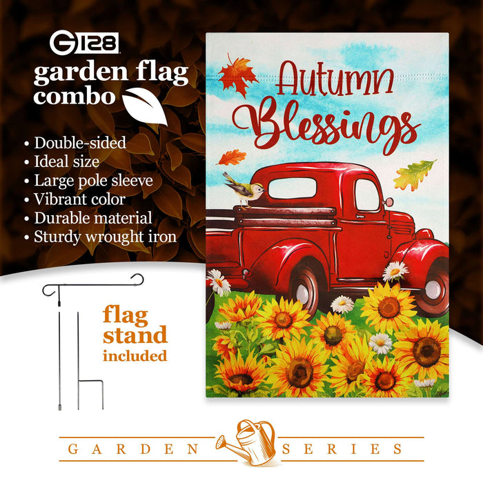 G128 36x16IN Garden Flag Stand & 12x18 Autumn Blessings Red Truck Flag Kit