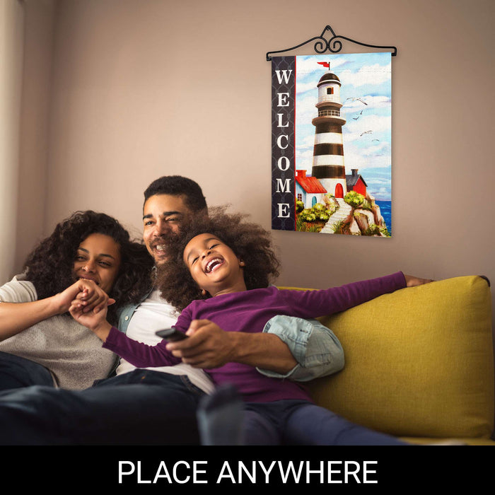 G128 Combo Pack Garden Flag Hanger 14IN & Garden Flag Welcome Lighthouse Beach Printed 12x18IN Double Sided