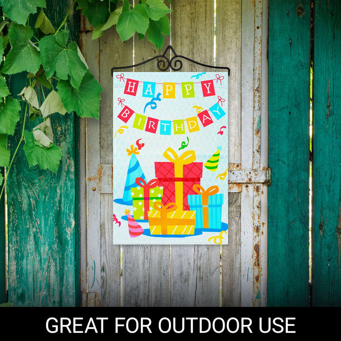 G128 Combo Pack Garden Flag Hanger 14IN & Garden Flag Happy Birthday Presents Printed 12x18IN Double Sided