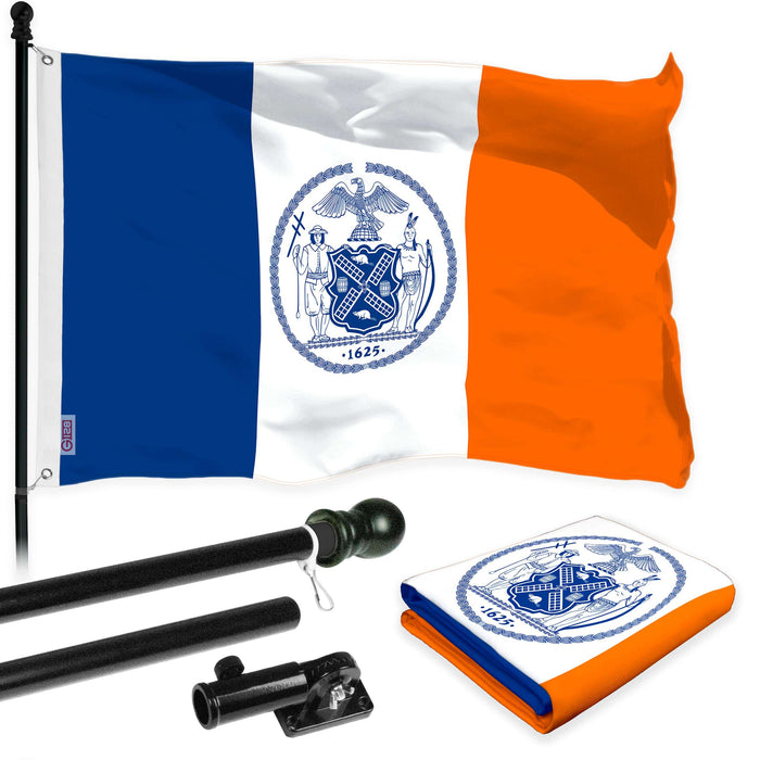 G128 Combo Pack: 6 Ft Twist Free Aluminum Spinning Flagpole (Black) & New York Flag | 3x5 Ft | LiteWeave Pro Series Printed 150D Polyester | Pole with Flag Included