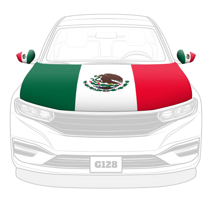 G128 Combo Pack: Mexico Mexican Car Hood Cover 3.94x5.25 Ft & 2PK Mexico Mexican Car Side View Mirror Cover 5.9x8.66 In | Both Washable Elastic Weatherproof Polyester | Show Your Enthusiasm and Pride
