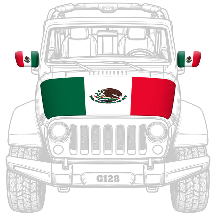 G128 Combo Pack: Mexico Mexican Car Hood Cover 3.94x5.25 Ft & 2PK Mexico Mexican Car Side View Mirror Cover 5.9x8.66 In | Both Washable Elastic Weatherproof Polyester | Show Your Enthusiasm and Pride
