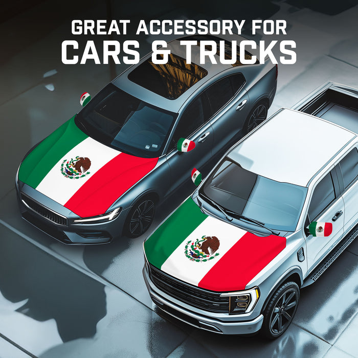 G128 Combo Pack: Mexico Mexican Car Hood Cover 3.94x5.25 Ft & 2PK Mexico Mexican Car Side View Mirror Cover 5.9x8.66 In | Both Washable Elastic Weatherproof Polyester | Show Your Enthusiasm and Pride