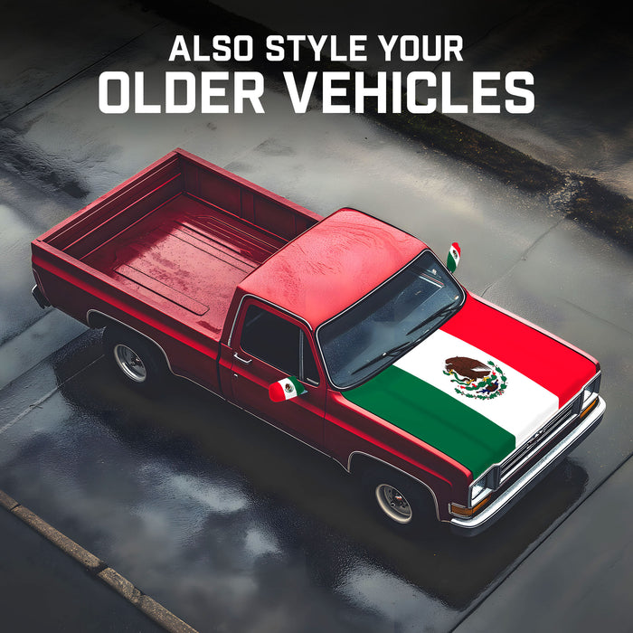G128 Combo Pack: Mexico Mexican Car Hood Cover 3.94x5.25 Ft & 2PK Mexico Mexican Car Side View Mirror Cover 5.9x8.66 In | Both Washable Elastic Weatherproof Polyester | Show Your Enthusiasm and Pride