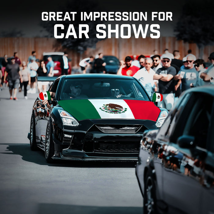 G128 Combo Pack: Mexico Mexican Car Hood Cover 3.94x5.25 Ft & 2PK Mexico Mexican Car Side View Mirror Cover 5.9x8.66 In | Both Washable Elastic Weatherproof Polyester | Show Your Enthusiasm and Pride