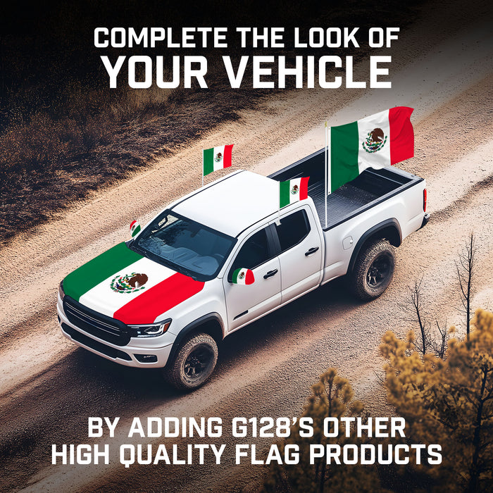 G128 Combo Pack: Mexico Mexican Car Hood Cover 3.94x5.25 Ft & 2PK Mexico Mexican Car Side View Mirror Cover 5.9x8.66 In | Both Washable Elastic Weatherproof Polyester | Show Your Enthusiasm and Pride