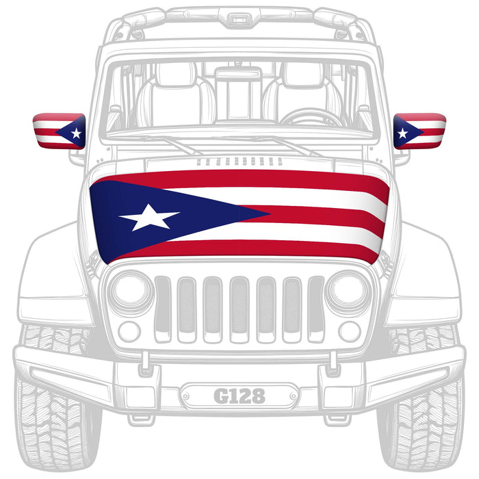 G128 Combo Pack: Puerto Rico PR Car Hood Cover 3.94x5.25 Ft & 2PK Puerto Rico PR Car Side View Mirror Cover 5.9x8.66 In | Both Washable Elastic Weatherproof Polyester | Show Your Enthusiasm and Pride