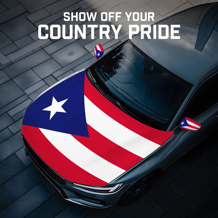 G128 Combo Pack: Puerto Rico PR Car Hood Cover 3.94x5.25 Ft & 2PK Puerto Rico PR Car Side View Mirror Cover 5.9x8.66 In | Both Washable Elastic Weatherproof Polyester | Show Your Enthusiasm and Pride
