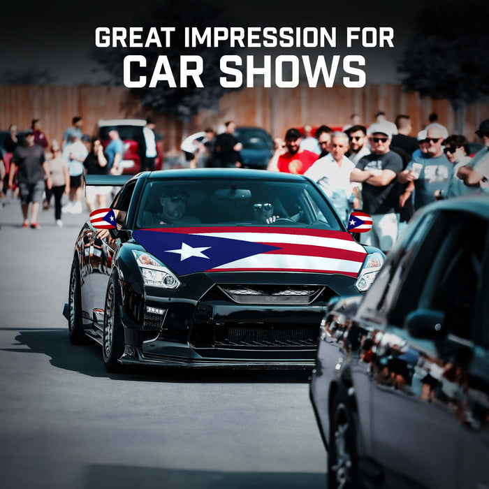 G128 Combo Pack: Puerto Rico PR Car Hood Cover 3.94x5.25 Ft & 2PK Puerto Rico PR Car Side View Mirror Cover 5.9x8.66 In | Both Washable Elastic Weatherproof Polyester | Show Your Enthusiasm and Pride