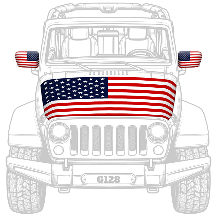 G128 Combo Pack: American USA Car Hood Cover 3.94x5.25 Ft & 2PK American USA Car Side View Mirror Cover 5.9x8.66 In | Both Washable Elastic Weatherproof Polyester | Show Your Enthusiasm and Pride