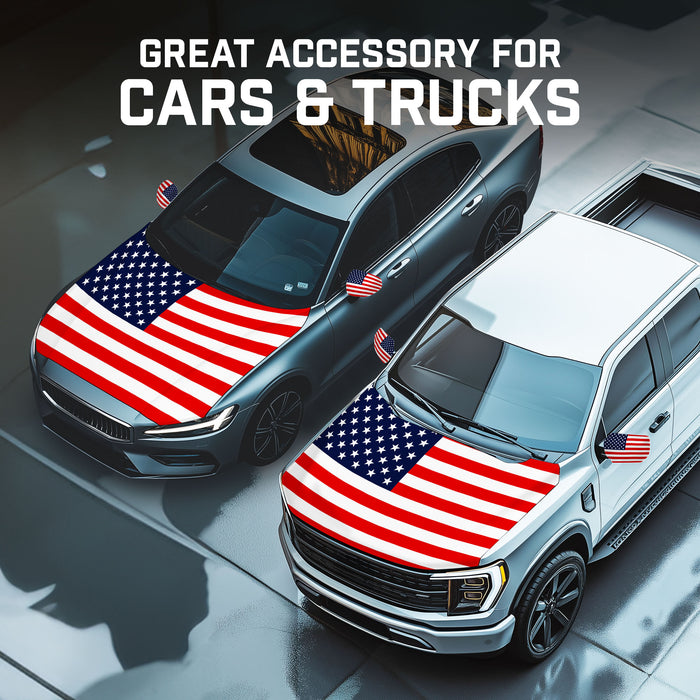G128 Combo Pack: American USA Car Hood Cover 3.94x5.25 Ft & 2PK American USA Car Side View Mirror Cover 5.9x8.66 In | Both Washable Elastic Weatherproof Polyester | Show Your Enthusiasm and Pride