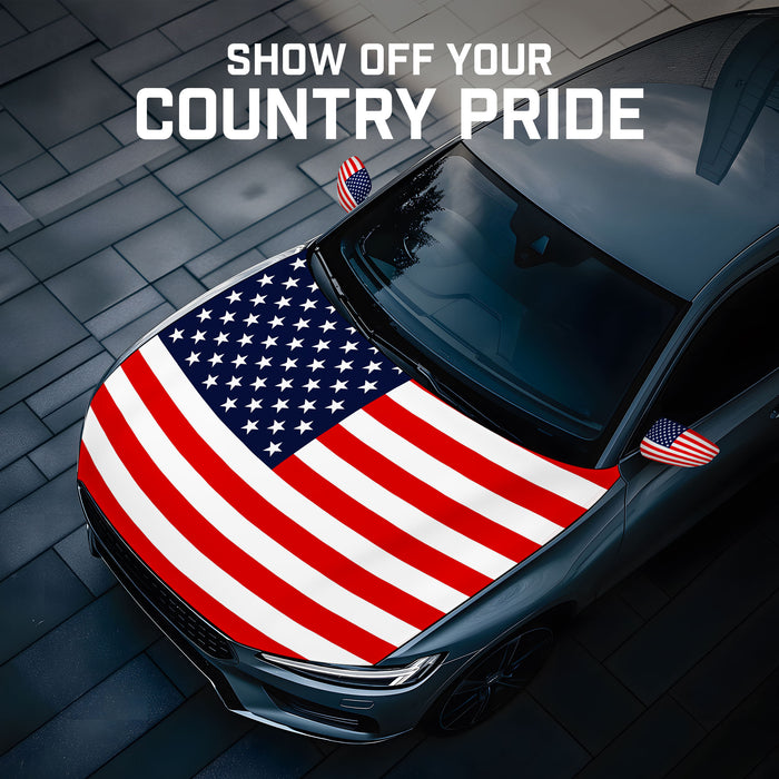 G128 Combo Pack: American USA Car Hood Cover 3.94x5.25 Ft & 2PK American USA Car Side View Mirror Cover 5.9x8.66 In | Both Washable Elastic Weatherproof Polyester | Show Your Enthusiasm and Pride