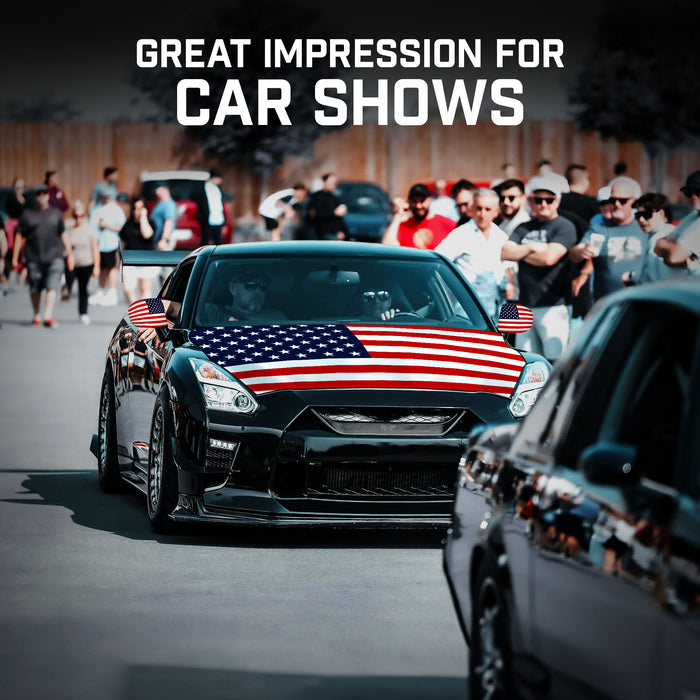 G128 Combo Pack: American USA Car Hood Cover 3.94x5.25 Ft & 2PK American USA Car Side View Mirror Cover 5.9x8.66 In | Both Washable Elastic Weatherproof Polyester | Show Your Enthusiasm and Pride