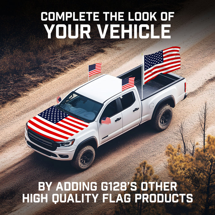 G128 Combo Pack: American USA Car Hood Cover 3.94x5.25 Ft & 2PK American USA Car Side View Mirror Cover 5.9x8.66 In | Both Washable Elastic Weatherproof Polyester | Show Your Enthusiasm and Pride