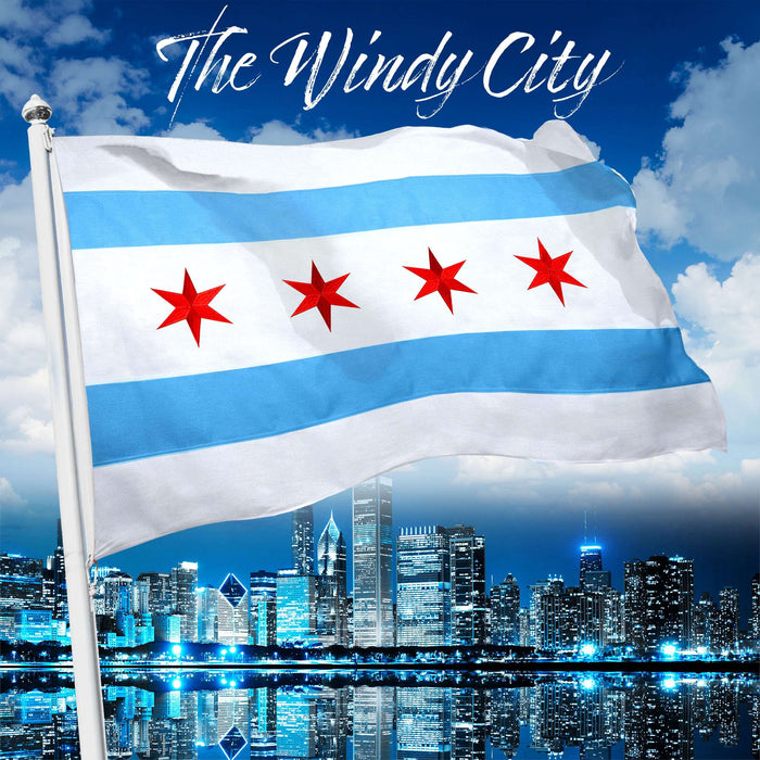 Chicago City Flag 3x5 Ft Embroidered 220GSM Spun Polyester Illinois
