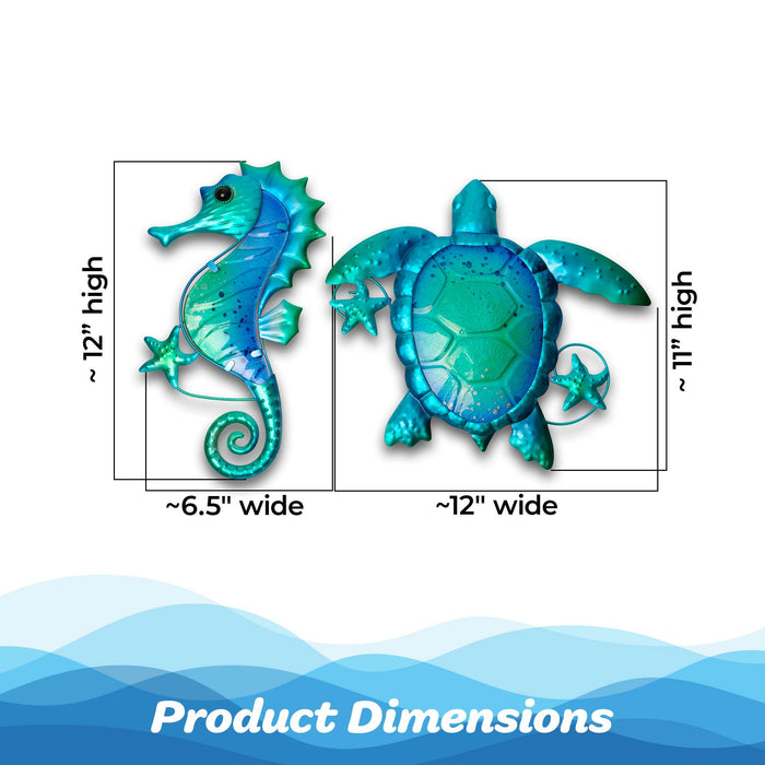 G128 Turtle Seahorse Metal Wall Art Set | Coastal Ocean Theme Indoor Outdoor Wall Art Hanging Decor for Bedroom, Living Room, Garden, Patio