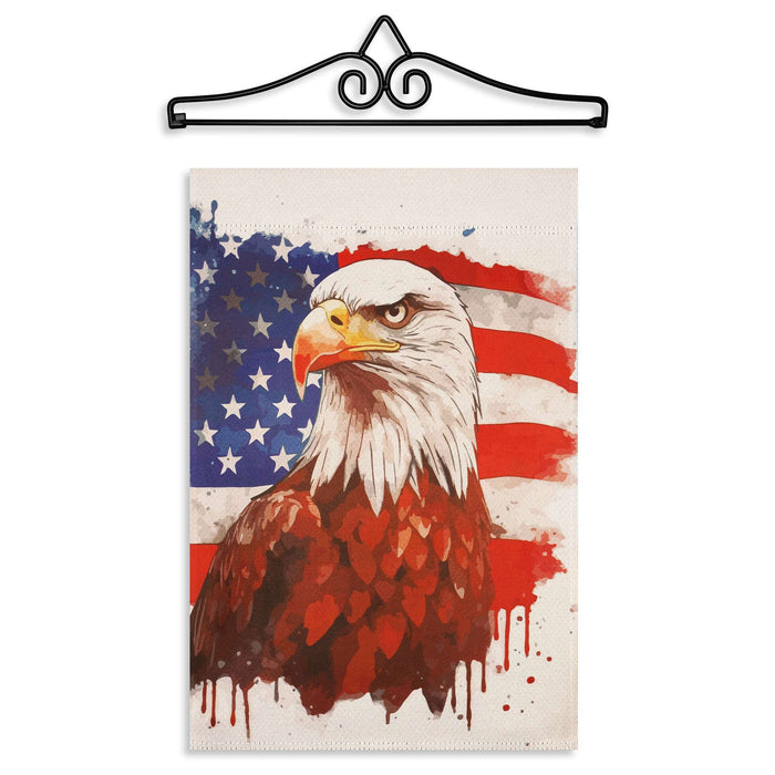 G128 Combo Pack Garden Flag Hanger 14IN & Garden Flag Patriotic Bald Eagle Printed 12x18IN Double Sided Yard Garden Lawn Decoration