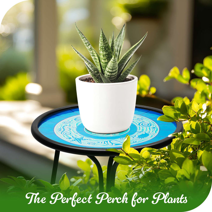 G128 12 in Round Glass Outdoor Side Table Ocean Pattern | Decorative Plant Stand, Small End Table for Garden Patio Porch Living Room