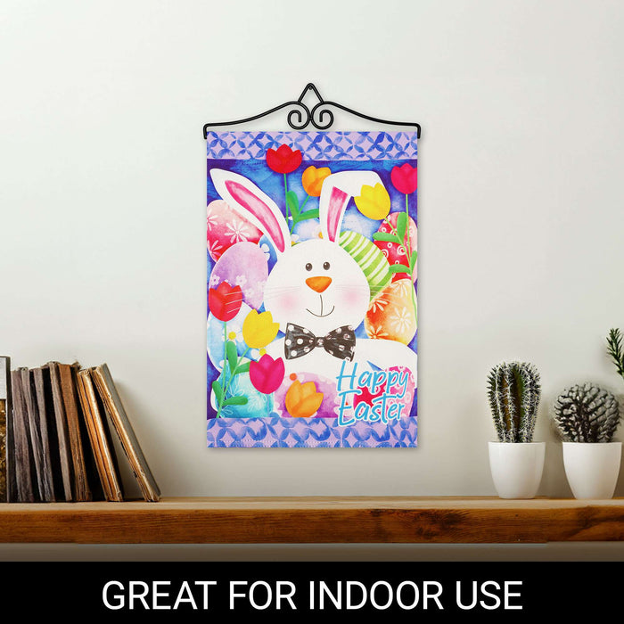 G128 Combo Pack Garden Flag Hanger 14IN & Garden Flag Happy Easter Bunny Tulips Printed 12x18IN Double Sided Yard Garden Lawn Decoration