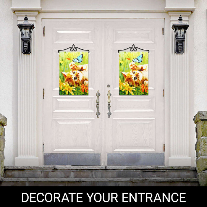 G128 Combo Pack Garden Flag Hanger 14IN & Garden Flag Kitten Butterfly Flowers Printed 12x18IN Double Sided