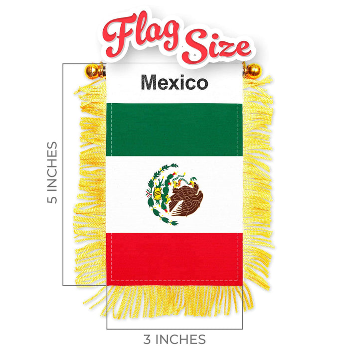 G128 Mexico Mexican Fringy Flag | Fringy Hanging Double Sided Flag with Suction Cup, Window and Car Rearview Mirror Decor