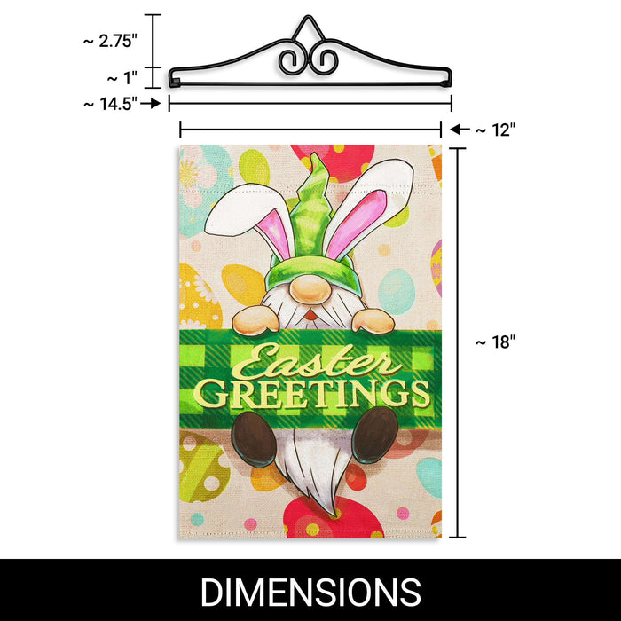 G128 Combo Pack Garden Flag Hanger 14IN & Garden Flag Happy Easter Gnome Greetings Printed 12x18IN Double Sided