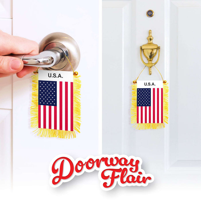 G128 2 Pack: USA American Fringy Flag | 3x5IN | Fringy Hanging Double Sided Flag with Suction Cup, Window and Car Rearview Mirror Decor