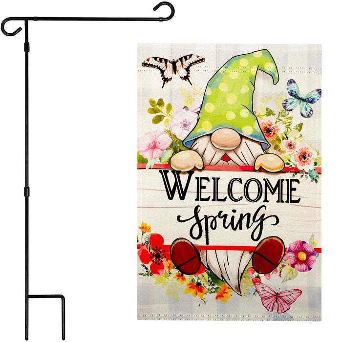 G128 Combo Pack: Garden Flag Stand 36x16IN & Garden Flag Welcome Spring Gnome Flowers Printed 12x18IN Double Sided