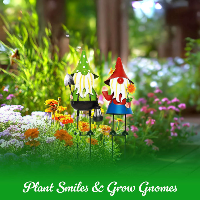 G128 Solar Gnome Garden Statues Set of 2 | 18IN Metal Gnome Outdoor Decorations with LED Lights for Garden, Lawn, Patio