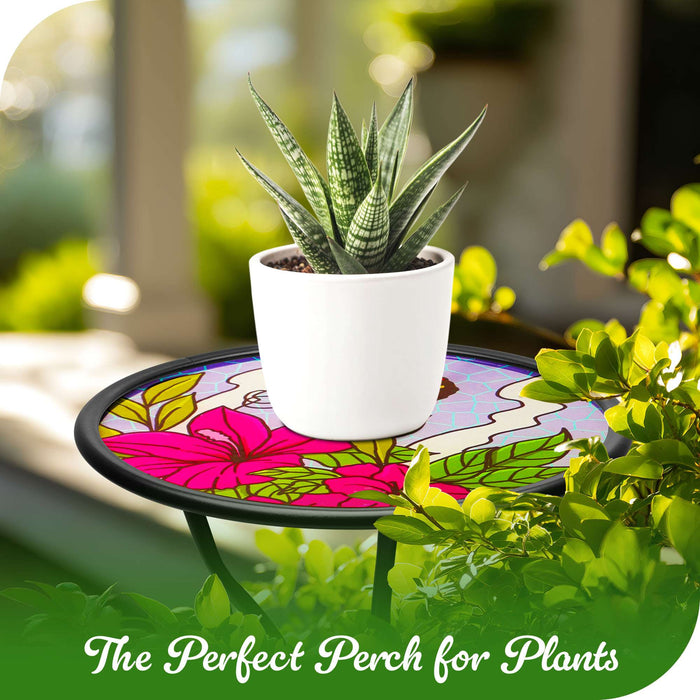 G128 14 in Round Glass Outdoor Side Table Butterfly Floral Pattern | Decorative Plant Stand, Small End Table for Garden Patio Porch Living Room