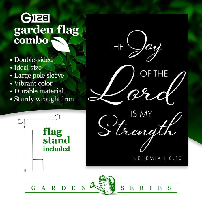 G128 Combo Pack: Garden Flag Stand Black 36x16IN & Garden Flag Joy of the Lord Scripture Printed 12x18IN Double Sided Yard Lawn Decoration