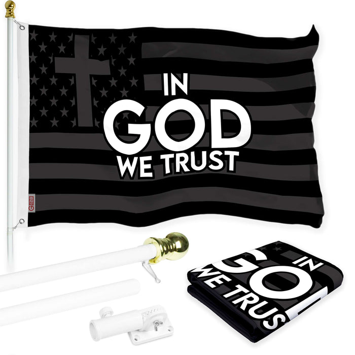 G128 Combo Pack: 6 Ft Tangle Free Aluminum Spinning Flagpole (White) & In God We Trust Patriotic Flag 3x5 Ft, LiteWeave Pro Series Printed 300D Polyester | Pole with Flag Included