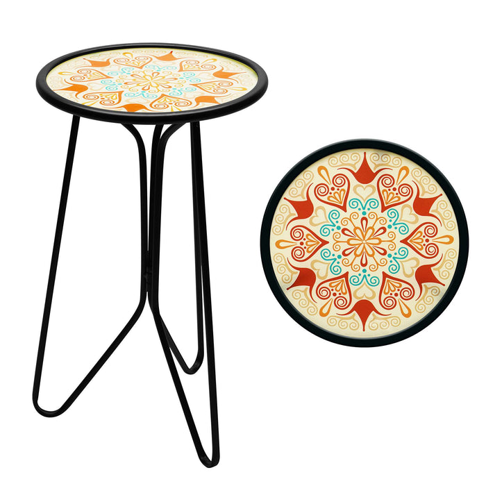 G128 12 in Round Glass Outdoor Side Table Orange Mandala Pattern | Decorative Plant Stand, Small End Table for Garden Patio Porch Living Room