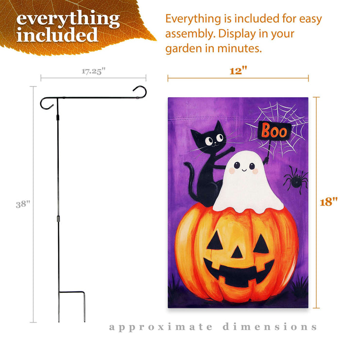 G128 36x16IN Garden Flag Stand & 12x18 Halloween Ghost Cat Flag Kit