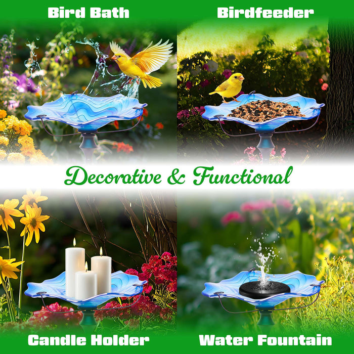 G128 32 Inch Height Glass Bird Baths with Metal Stake | Decorative Blue Outdoor Garden Bird Feeder