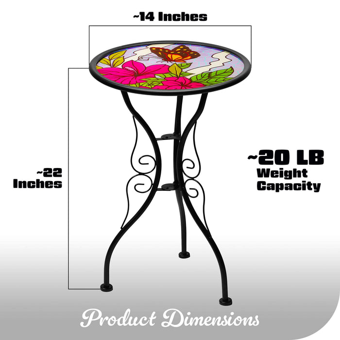 G128 14 in Round Glass Outdoor Side Table Butterfly Floral Pattern | Decorative Plant Stand, Small End Table for Garden Patio Porch Living Room