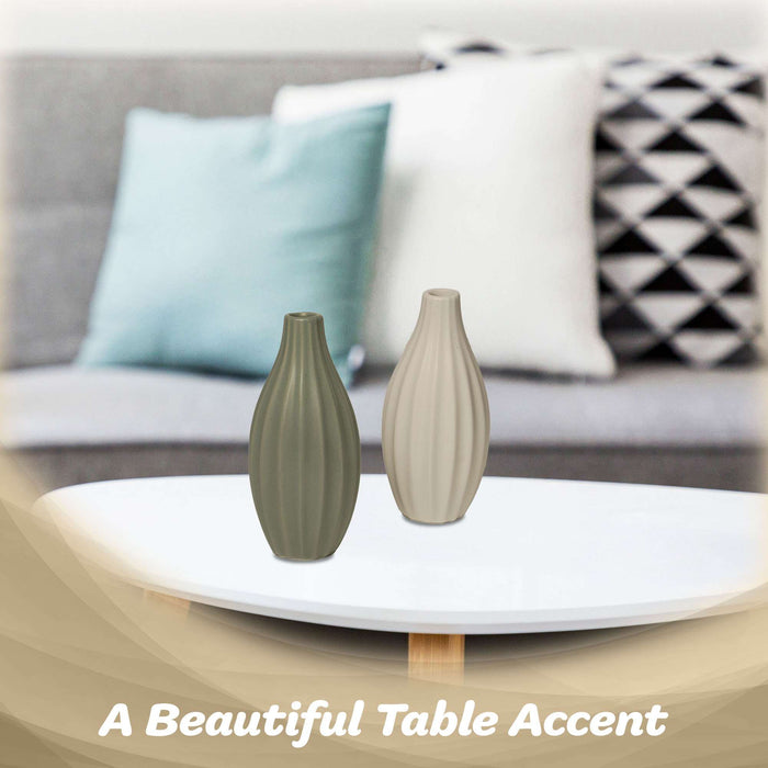 G128 2 Pcs 7.75 In Tall Modern Ceramic Vase Set Decorative Ribbed Vases Olive Green and Cream Elegant Home Decoration for Living Room Bedroom Office or Bathroom