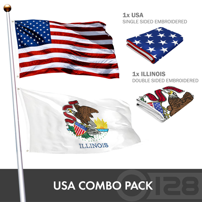 G128 Combo Pack: USA American Flag 3x5 Ft Embroidered Stars & Illinois State Flag 3x5 Ft Embroidered Double Sided 3ply