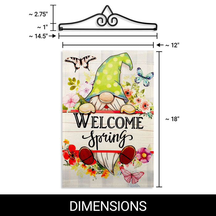 G128 Combo Pack Garden Flag Hanger 14IN & Garden Flag Welcome Spring Gnome Flowers Printed 12x18IN Double Sided