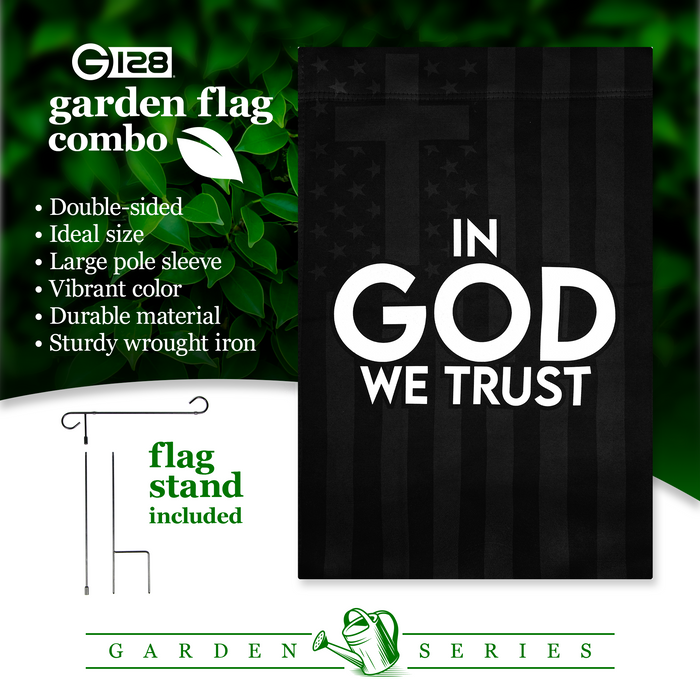 G128 Combo Pack Garden Flag Stand Black 36x16IN & Garden Flag In God We Trust Patriotic Printed 12x18IN Double Sided Yard Garden Lawn Decoration