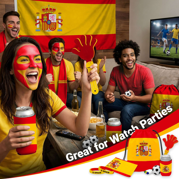 G128 World Soccer Tournament 2026 Cup Soccer Fan Set 6PCS, Spain Fan Merch with Flag and Koozie, Accessories for Sports Parties