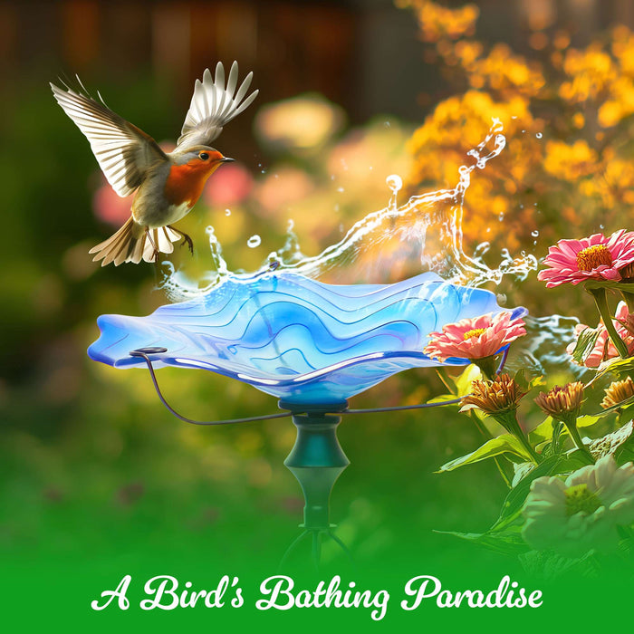 G128 32 Inch Height Glass Bird Baths with Metal Stake | Decorative Blue Outdoor Garden Bird Feeder