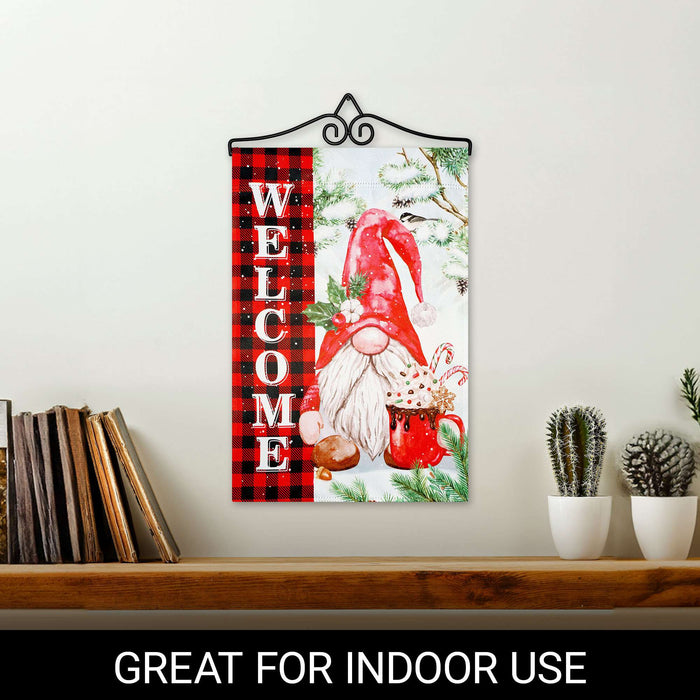 G128 12x18IN Welcome Christmas Gnome Plaid Garden Flag with 14IN Hanger