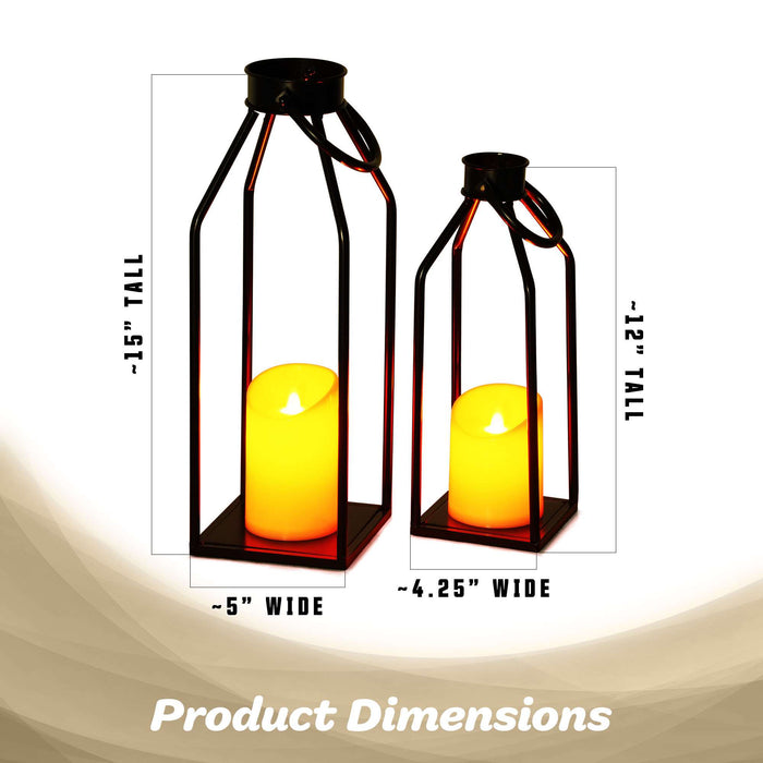 G128 2PCS Black Metal Frame Flameless Candle Lanterns Decorative | Modern Farmhouse Lantern Home Decor for Living Room, Indoor, Outdoor, Front Porch | No Battery Included