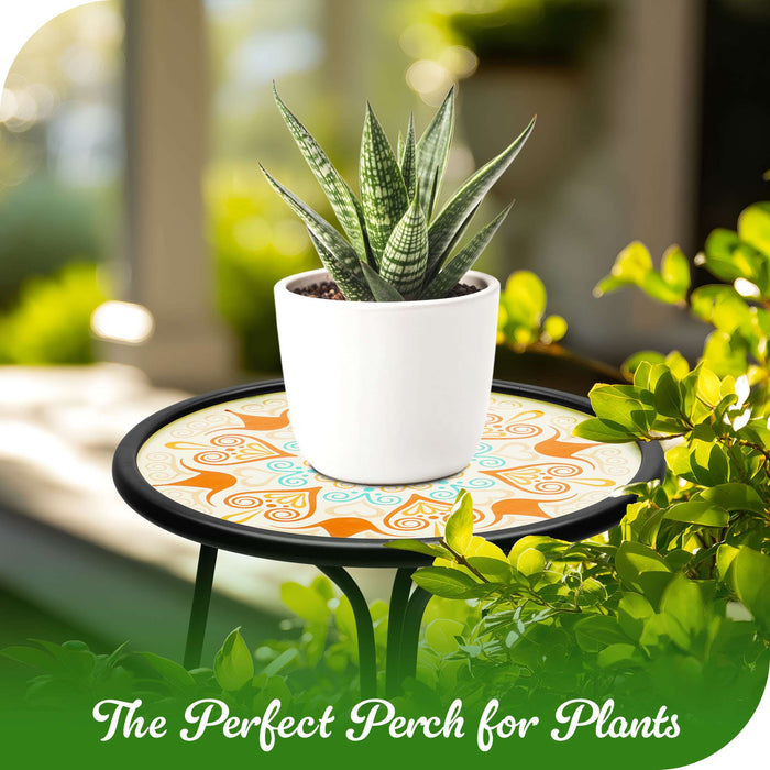 G128 12 in Round Glass Outdoor Side Table Orange Mandala Pattern | Decorative Plant Stand, Small End Table for Garden Patio Porch Living Room