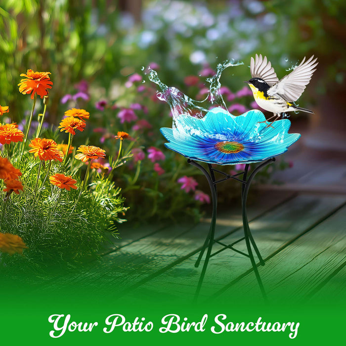 G128 19 Inch Height Glass Bird Baths with Metal Stand | Decorative Blue BirdBaths Bowl Outdoor Garden Bird Feeder