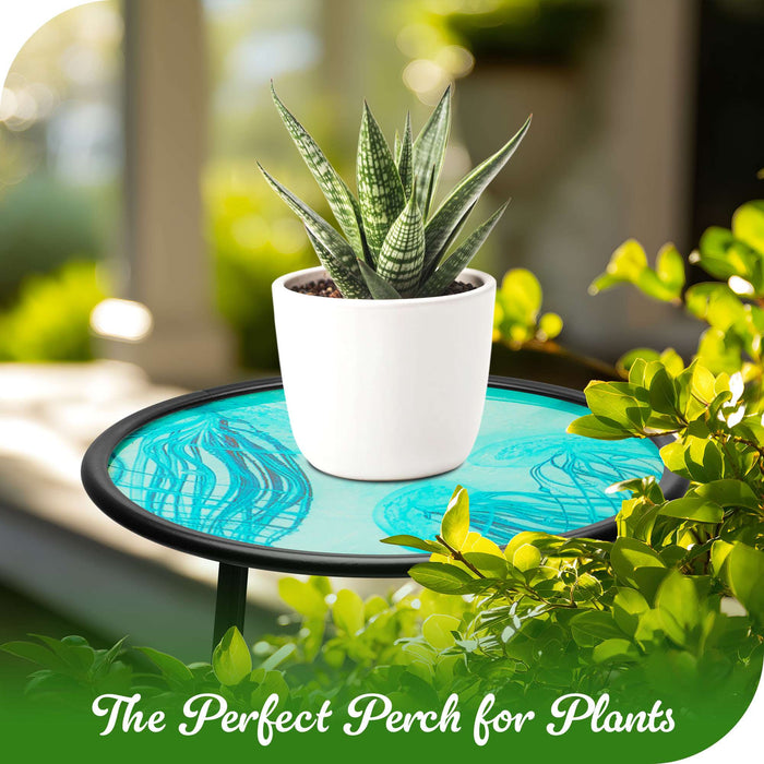 G128 14 in Round Glass Outdoor Side Table Jellyfish Ocean Pattern | Decorative Plant Stand, Small End Table for Garden Patio Porch Living Room