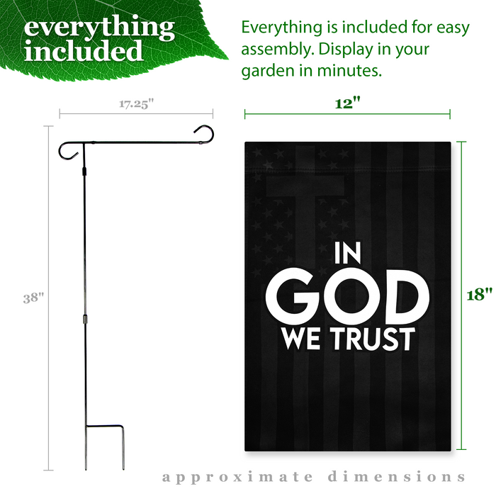 G128 Combo Pack Garden Flag Stand Black 36x16IN & Garden Flag In God We Trust Patriotic Printed 12x18IN Double Sided Yard Garden Lawn Decoration