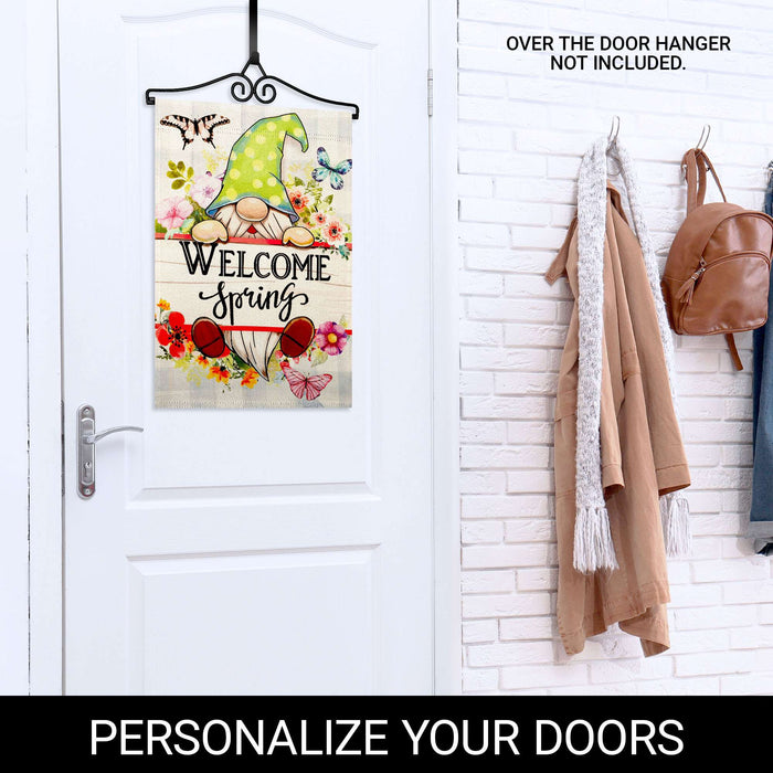 G128 Combo Pack Garden Flag Hanger 14IN & Garden Flag Welcome Spring Gnome Flowers Printed 12x18IN Double Sided